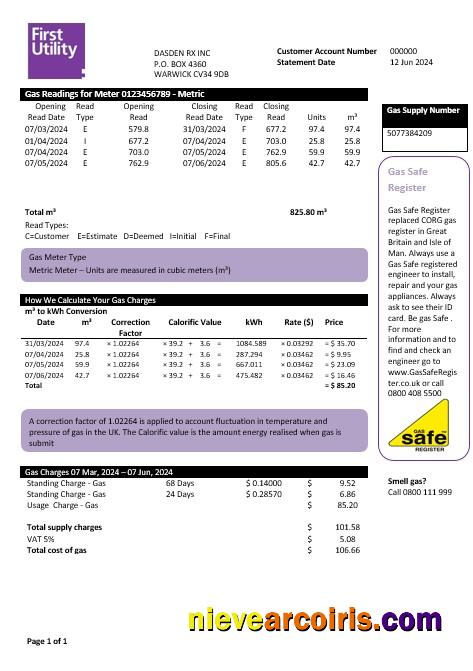 United Kingdom Warwick First business utility bill
